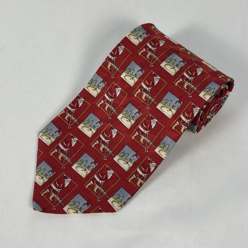 Holiday Traditions Hallmark Silk Tie Red Santa Playing Golf Novelty USA 3.75"W
